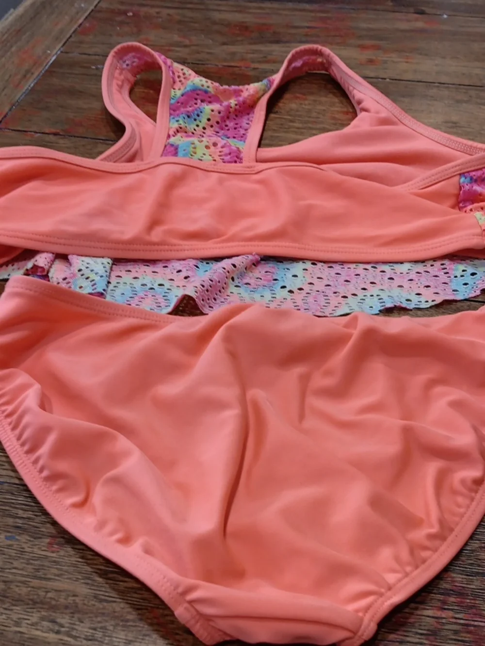 wonder nation Coral Bikini Set with Rainbow Swirl Mesh Top